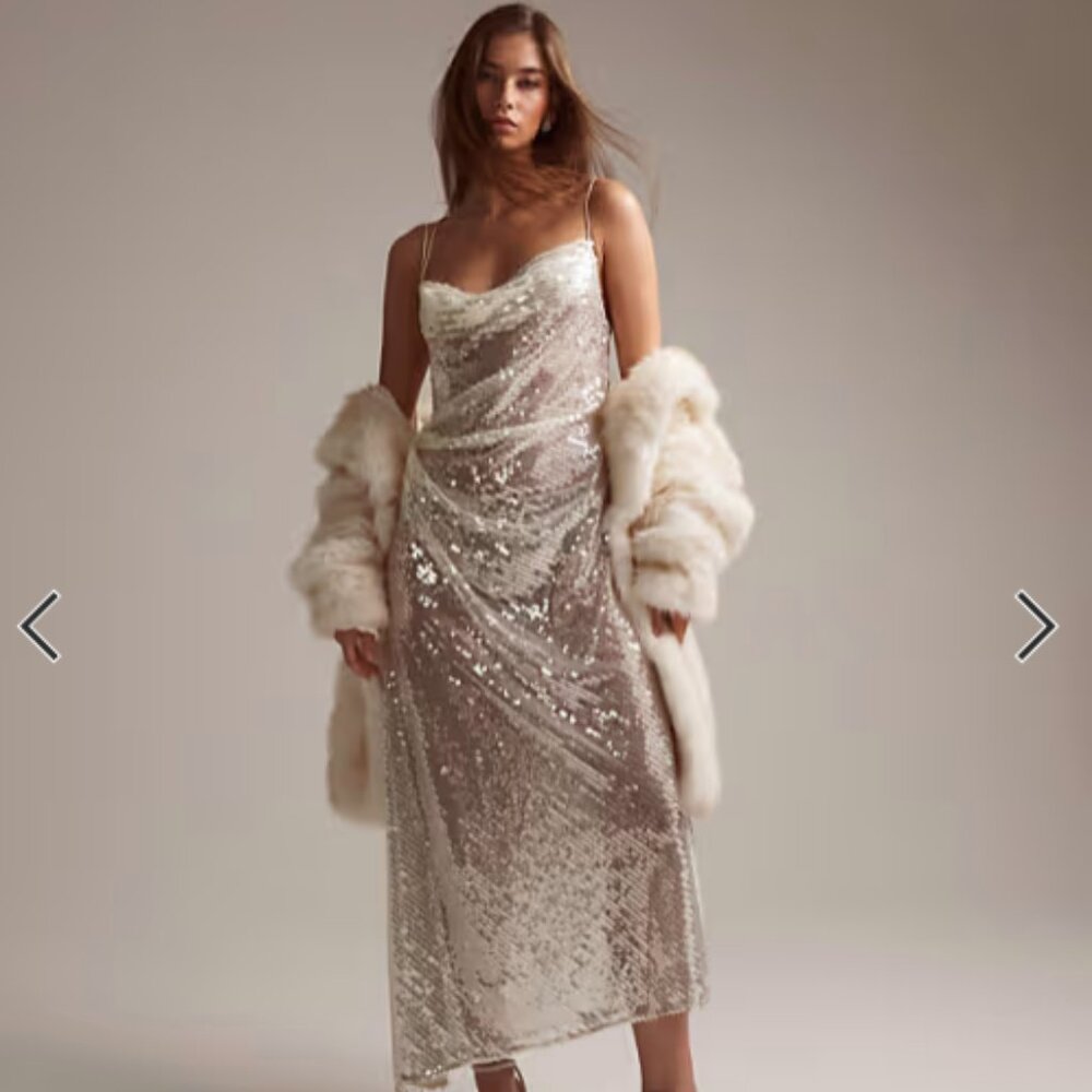 ASOS DESIGN bridal asymmetric bias draped cami midaxi dress in sheer sequin NWT